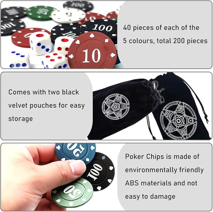 IXIGER 200Pcs Poker Chips, Poker Chips Set with Denominations for Card Board Game, Plastic Game Chips with Black Velvet Pouch Bag, Math Counting Chips,Game Night Party Supplies