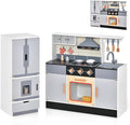HONEY JOY Kids Kitchen Playset, 2-Piece Modular Wooden Play Kitchen for Toddlers & Refrigerator with Ice Maker, Range Hood, Oven, Little Chef Pretend Toy Kitchen Set with Light & Sound, Gray