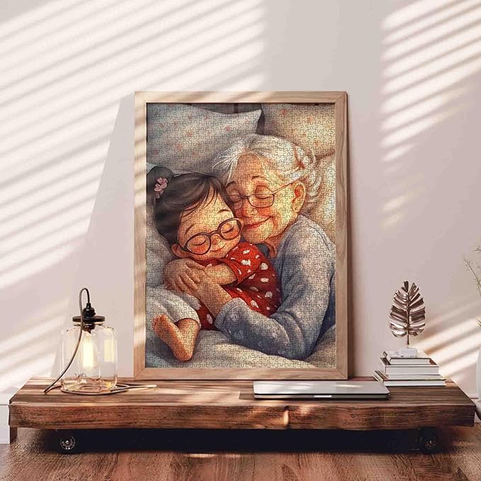 Cute Girl Sleeping with Grandmother 1000 Piece Jigsaw Puzzle for Adults Students Warm Oil Painting Cozy Home Decor Puzzles 20×27 Inches Family Fun Relaxing Game Gift for Women Men Teens Room Art