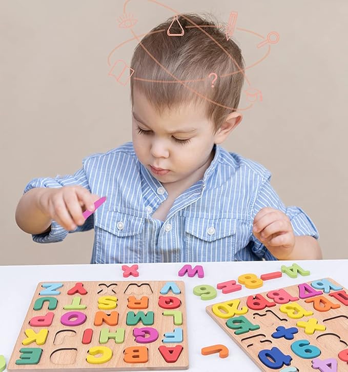 Wooden Puzzles for Toddlers, Alphabet and Number Puzzle, Preschool Educational Learning Toys with Chunky Wood ABC Puzzle Board, for Girls Boys Kindergarten