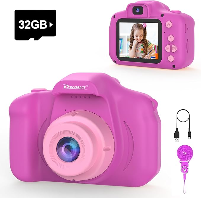 PROGRACE Kids Camera for Girls and Boys Ages 3-12, Toddler Digital Camera with IPS HD Screen, 1080P HD Video, 32GB SD Card, Perfect Birthday Purple