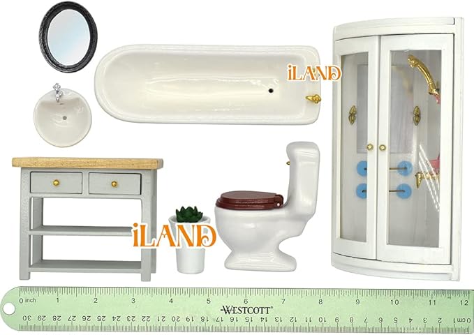 iLAND Dollhouse Furniture and Accessories 1/12 Scale of Dollhouse Bathroom Set incl Ceramic Dollhouse Toilet & Bathtub & Wooden Bathroom Cabinet with Sink (Modern 7pcs)