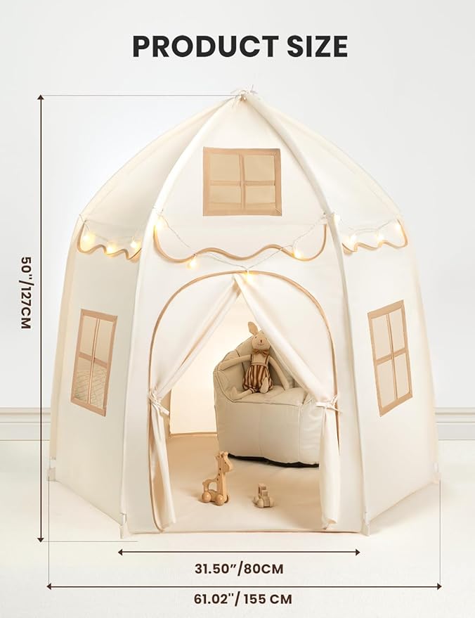 besrey Hexagonal Kids Play Tent, Large Children's Fort with Star Lights, Easy Setup for Indoor Outdoor Playhouse, Gift for Boys Girls, White