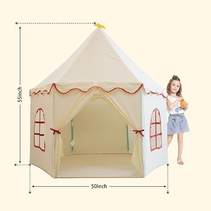 Large Girls Play Tent Princess, Boys Castle Kids Playhouse Indoor Outdoor Toddler Teepee | American Style Design, Age 3-8| Detailed Instructions| Colorful Package| Christmas Birthday Gift Beige