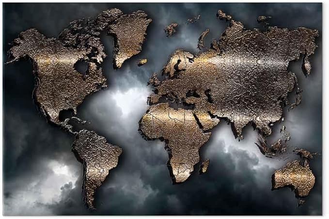 artgeist Canvas Wall Art World Map 35x24 in - 1pcs Home Decor Framed Stretched Picture Photo Painting Artwork Image - Abstract Continents Map World Map Sky k-A-0501-b-a