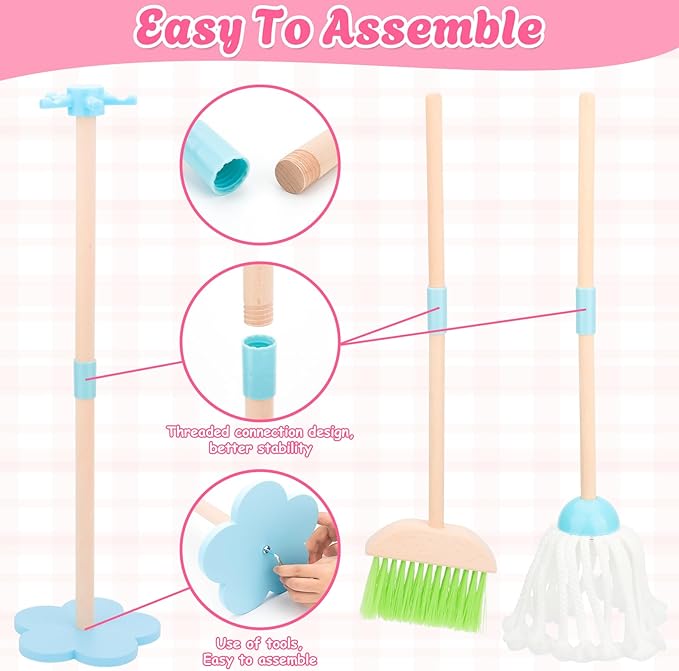 Kids Cleaning Set, Wooden Toddler Broom Set for Housekeeping, 7 Pieces Montessori Cleaning Toys with Kids Broom and Mop Set, Housework Pretend Play Toy Gift for Boys Girls Ages 3+