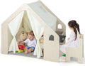 Costzon Kids Tent, 6-in-1 Wooden Frame Play House with Table and Chair Set, Blackboard, Side Storage Bag & Soft Floor Mat, Indoor Playhouse for Boys Girls Aged 2-6 Years Old