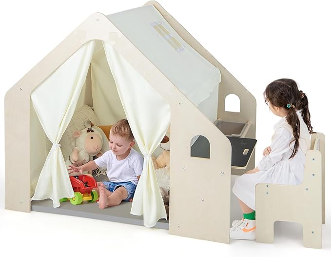 Costzon Kids Tent, 6-in-1 Wooden Frame Play House with Table and Chair Set, Blackboard, Side Storage Bag & Soft Floor Mat, Indoor Playhouse for Boys Girls Aged 2-6 Years Old