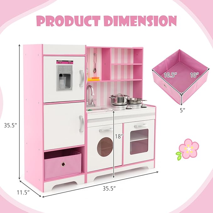 HONEY JOY Kids Kitchen Playset with Lights, Wooden Little Chef Toy Kitchen Set with Storage Bin, Ice Maker & Oven & Stove, Cooking Utensils, Play Kitchen for Toddlers, Gift for Boys Girls, Pink