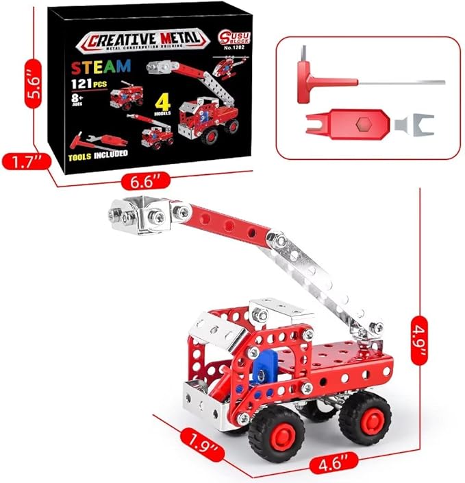 Stem Building Toys for Boys Age 8-12,Creative Sets Fire Trucks Series Model Kit,Assembly Toys for Kids,Metal Building Blocks for Model 4 in 1 Fire Fighting Cars(121PCS)