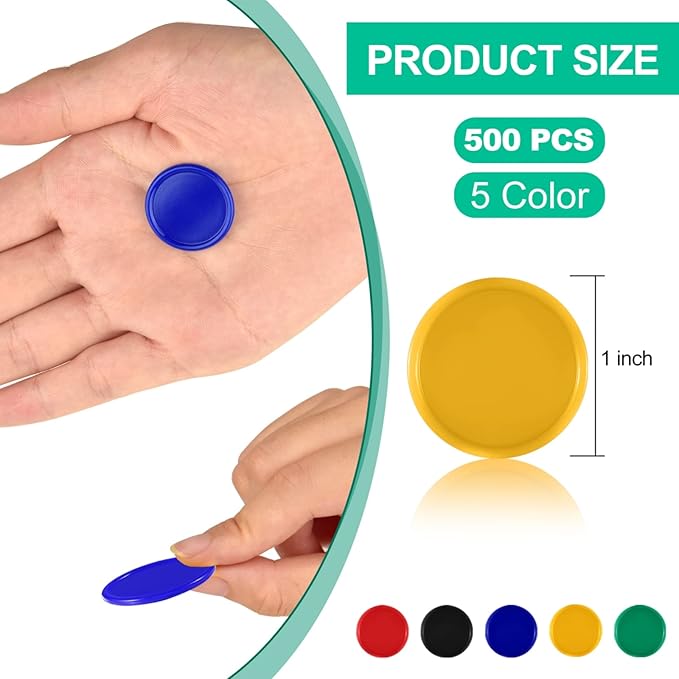 Coopay 500 Pieces Plastic Learning Counters Disks Bingo Chip 5 Colors Counting Discs Markers for Math Practice and Poker Chips Game Tokens Kids Reward, 1 Inch (Red, Blue, Black, Green, Yellow)