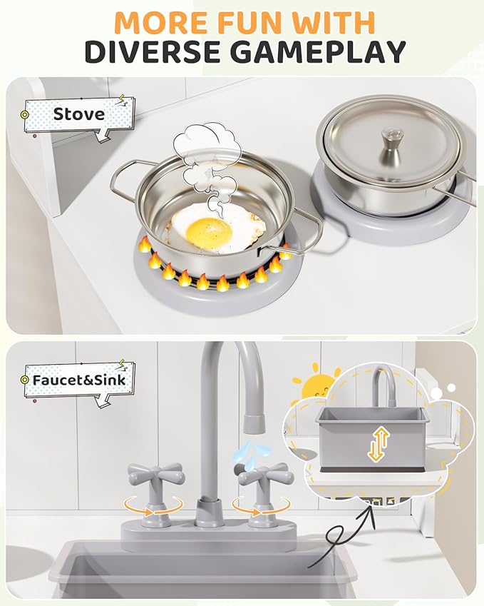 MAMIZO Kids Kitchen Playset with Ample Storage, Interactive Play Kitchen with Simulated Gas Cooker, Clicking Knobs, Sink, Faucet, 6 Pcs Cookware, Educational Clock for Toddlers (White)