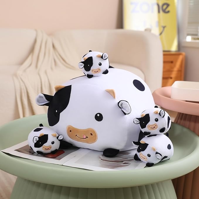 SQEQE Cow Stuffed Animal 5 in 1, Cute Cow Plush Bedtime Toys, Ultra Soft Dairy Cattle with 4 Babies Inside, Milk Cows Soft Plushies Pillow Gift for Kids Birthday Christmas Valentine's