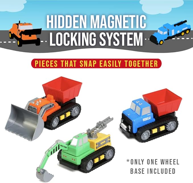 Popular Playthings Magnetic Build-a-Truck Construction Set of 4 Construction Vehicles with Real Construction Site Sounds