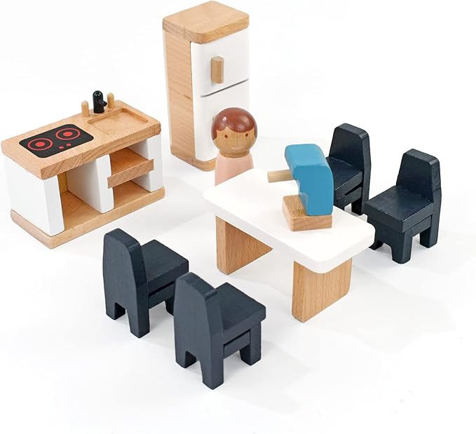 PairPear Wooden Toys Dollhouse Furniture Playset,35 Piece Furnitures with Family Dolls,Doll House Accessories Pretend Play Gift for Girls and Boys 3 Year and Up