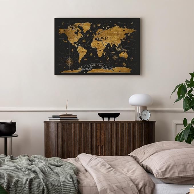 artgeist Canvas Wall Art Print World Map 24x16 in - 1pcs Home Decor Framed Stretched Picture Photo Painting Artwork Image Faux Wood Map of The World Continents Grey k-A-0490-b-a