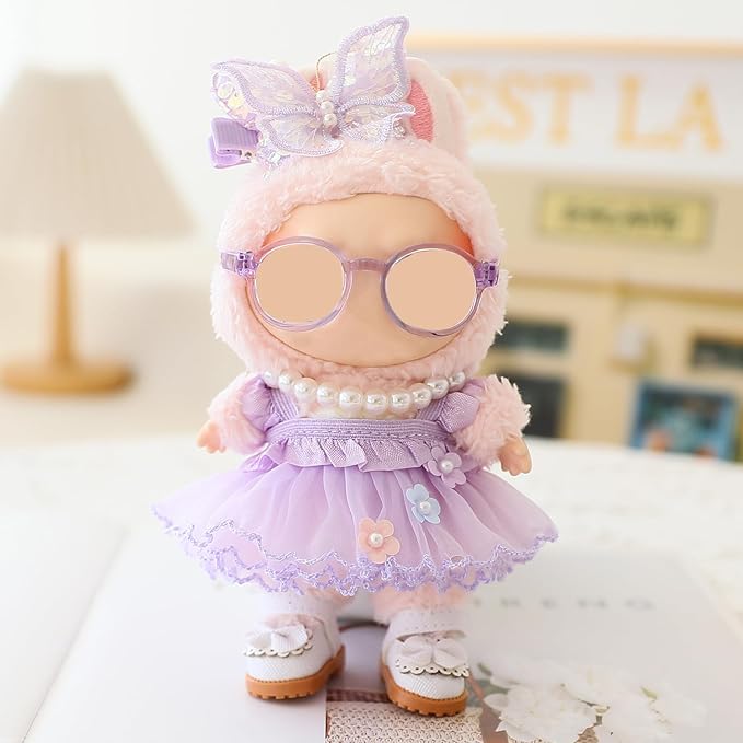 Clothes for Labubu Doll,Clothes for Dolls Accessories,Butterfly Tulle Skirt Purple 5 Pieces Outfit Set Suitable for Labubu 15cm 17cm Doll,Adorable Dress-Up Accessories for Labubu Doll