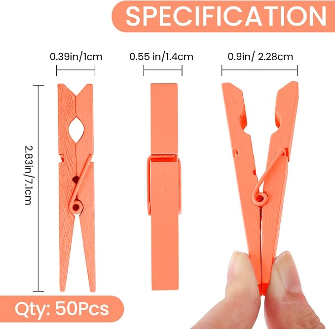 50PCS Colored Wooden Clothespins, 2.9inch Orange Clothes Pins for Clip Pictures Photos Decorative, Small Colorful Wood Decoration Closepins Clips