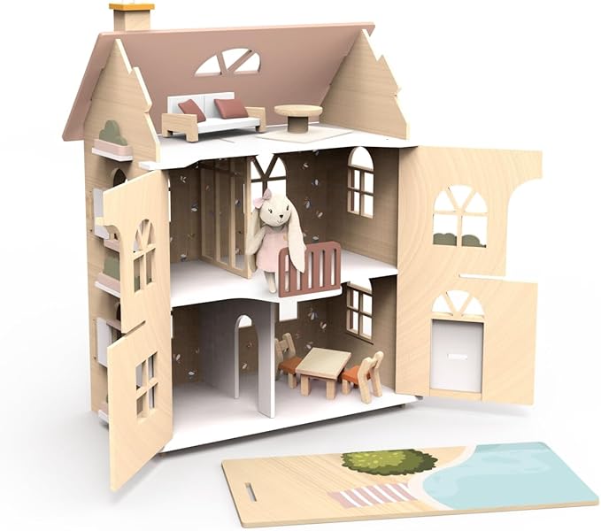 SPEEDY MONKEY Flowers Cottage Wooden Dollhouse with Starter Set | Pretend Play Doll House for Toddlers & Preschoolers | Fun Playhouse for Boys & Girls, Ideal for Imaginative Storytelling Playset