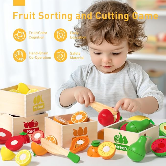 Wooden Toddler Kitchen Set - 18PCS Pretend Play Food with Sticky Cutting Toys & Storage Box, Realistic Fake Food Kitchen Toys for Kids 1-3, Educational Gift for Boys Girls Ages 3+