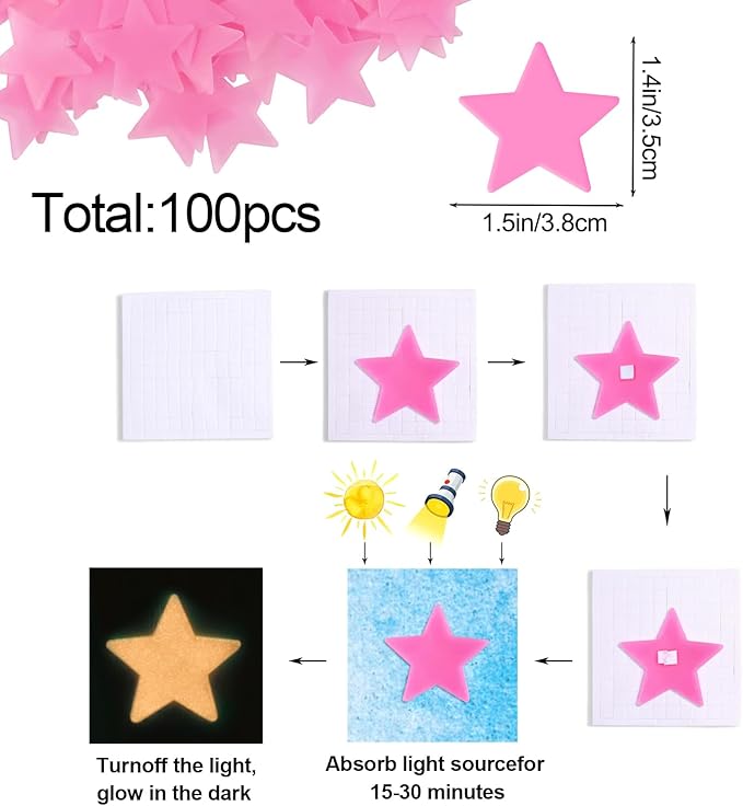 AM AMAONM 100 Pcs Pink Glow in The Dark Luminous Stars Fluorescent Noctilucent Plastic Wall Stickers Murals Decals for Home Art Decor Ceiling Wall Decorate Kids Babys Bedroom Room Decorations