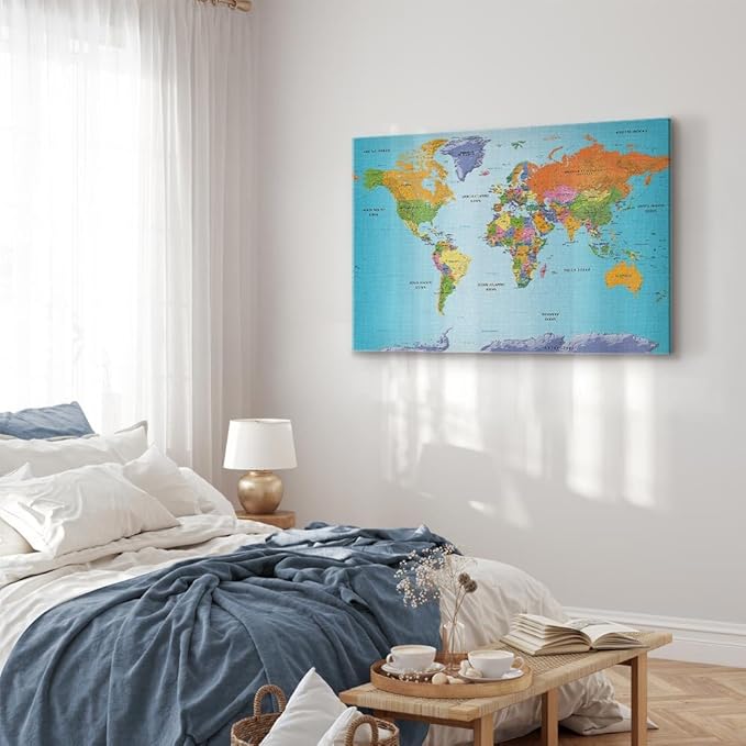 artgeist Canvas Wall Art Print World Map 35x24 in - 1pcs Picture with Acoustic Foam Sound Print Artwork Room Acoustics Soundproofing World Travel Map k-A-0104-b-d