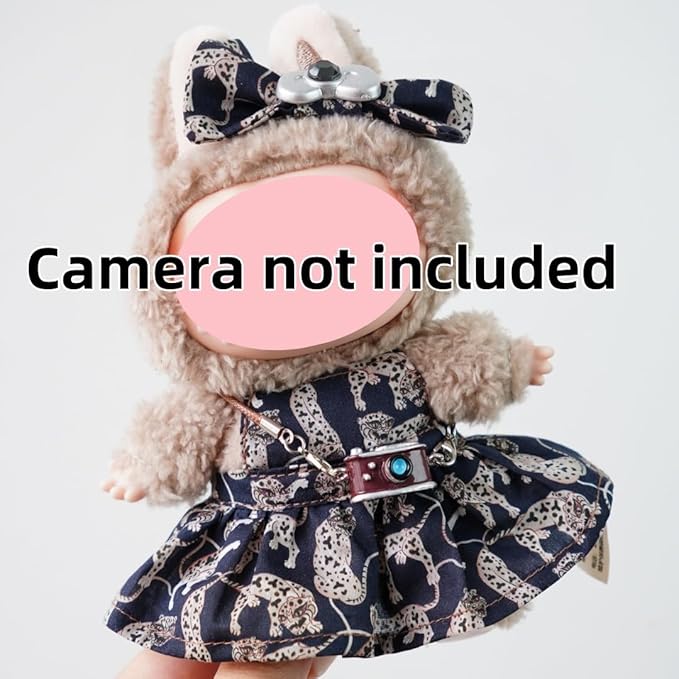 2-Piece Clothes for Labubu (NO Doll), Handmade Liberty Fabric Dress and Bow Set for 17CM Dolls, Cute Outfit Accessories (Cheetah)