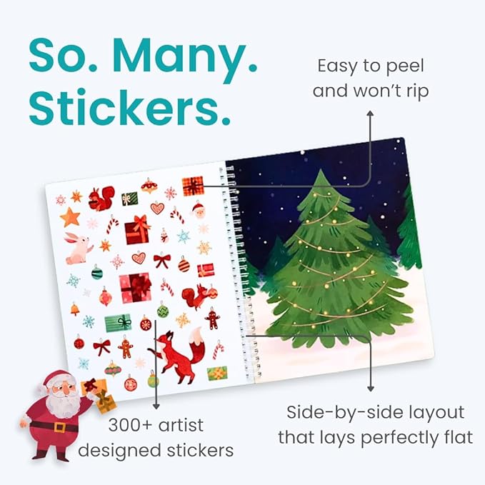 CUPKIN Holly Jolly Holiday Stickers for Kids Toddler Sticker Book, Santa Christmas Activity Book, Toddler Travel Essentials, 300+ Christmas Stickers + 8 Sticker Scenes and Coloring Pages