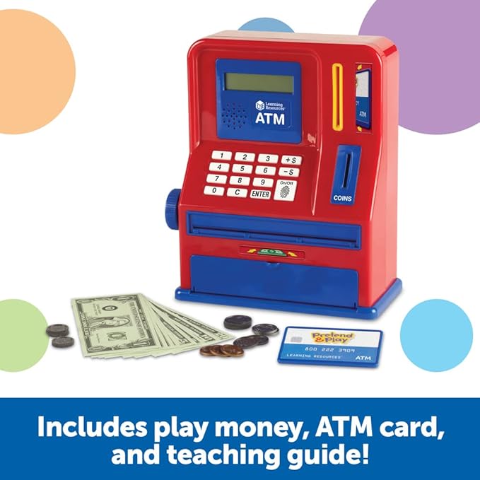 Learning Resources Teaching ATM Bank - 32 Pieces, Ages 3+ Toddler Learning Toys, Cash Register for Kids, Play Money for Kids