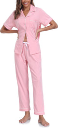 CF Womens 100% Cotton Pajamas Set Button Down Pjs Sets Short Sleeve Top & Long Pants Sleepwear Comfy Loungewear with Pockets