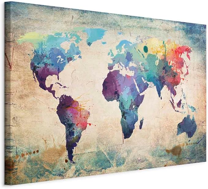 artgeist Canvas Wall Art Print World Map 35x24 in - 1pcs Home Decor Framed Stretched Picture Photo Painting Artwork Image World Travel Map Kontinente 020113-44