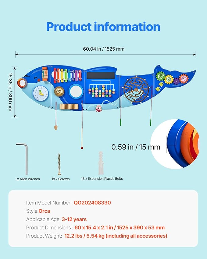 VEVOR Orca Activity Busy Board Wall, 12 Activities Board, Montessori Sensory Wall Panel for Kids 3-12 Years, Sensory Activity Panel, Ideal for Toddler Playroom Nursery Classroom