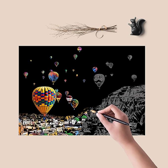 M MUGIT Scratch Art for Adults Kids, Rainbow Painting Night View Scratchboard(A4), Crafts Set: 8 Sheets Scratch Cards with 6 Tools in Bag - New York, Statue of Liberty, Cinque Terre(America/Europe)