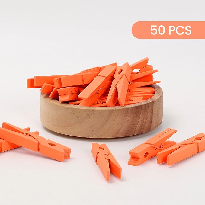 50PCS Colored Wooden Clothespins, 2.9inch Orange Clothes Pins for Clip Pictures Photos Decorative, Small Colorful Wood Decoration Closepins Clips