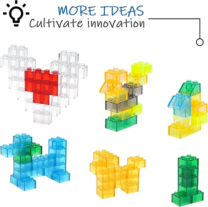 300PCS Transparent Clear Building Bricks Set, Compatible with Classic Blocks Parts and Pieces, 8 Shapes Bulk Bricks in Random Color for Boys