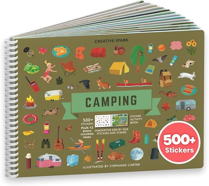 CUPKIN Sticker Book for Kids 2-4, 500+ Kids Stickers, Camping Stickers 12 Coloring Pages 12 Side by Side Scenes, Fun Toddler Travel Activity Coloring and Sticker Books for Ages 4-8 + 8-10