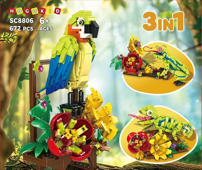 HOGOKIDS 3 in 1 Flowers Frog Parrot Lizard Building Set - Botanical & Animals Figures Building Toy for Home Office Art Decor Display Transforms Model Learning Gift for Adults Kids Boys Girls(672PCS)