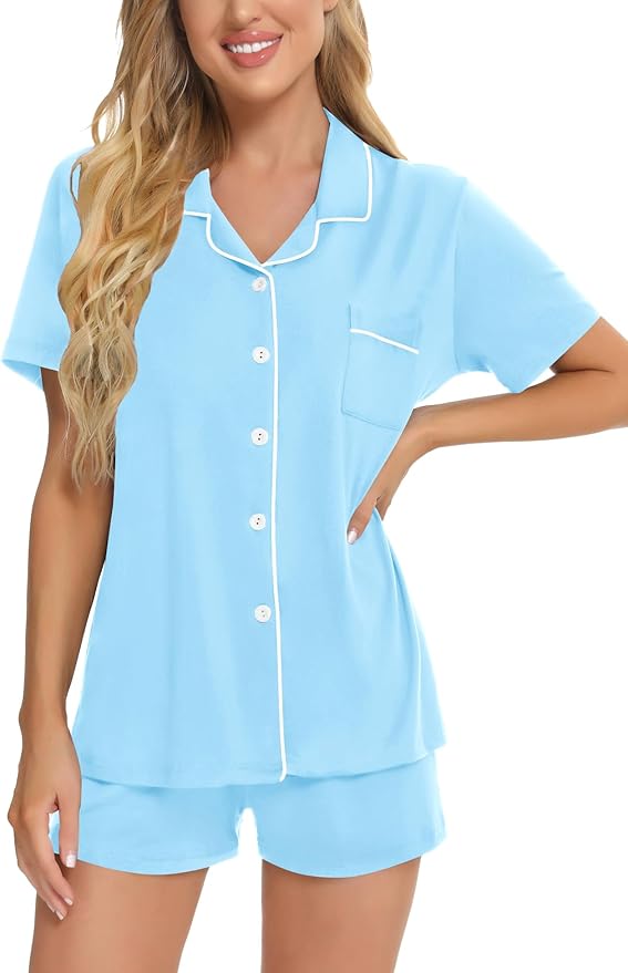 SWOMOG Womens Button Down Pajamas Set Short Sleeve Sleepwear Bride Soft Pj Lounge Sets XS-3XL