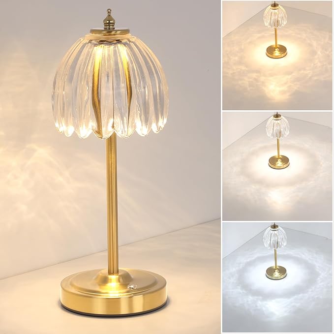 Cordless Small Table Lamp with 5000mAh Battery & Touch Control - 3 Adjustable Color Temperatures, Dimmable Rechargeable Table Lamps for Living Room, Bedroom, Desk, Bedside (Transparent Tulip)