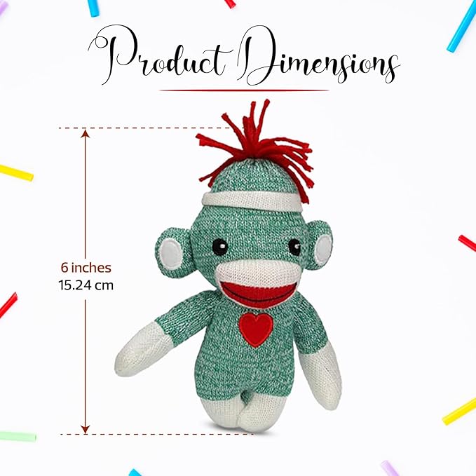 Adorable Sock Monkey 6 Inches, The Original Traditional Hand Knitted Stuffed Animal Toy Gift-for Kids, Babies, Teens, Girls and Boys Baby Doll Present Puppet (Green)