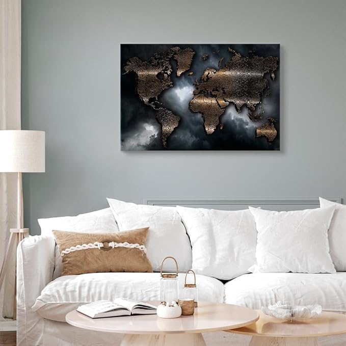 artgeist Canvas Wall Art World Map 35x24 in - 1pcs Home Decor Framed Stretched Picture Photo Painting Artwork Image - Abstract Continents Map World Map Sky k-A-0501-b-a