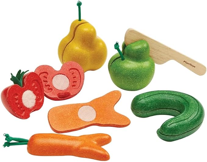 PlanToys® Wonky Fruit & Vegetables Wooden Playset Includes 5 Sliceable Fruits & Veggies | Pretend Cutting Food Toy with Wooden Knife | Montessori Toy for Toddlers