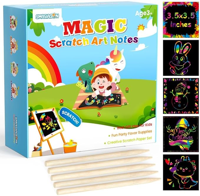Smasiagon Rainbow Scratch Arts for Kids - 125 Mini Craft Paper Notes - Art Supplies Party Favors Kids Toys Easter Basket Stuffers - Birthday Gift Classroom Game Toy for Girls Boys