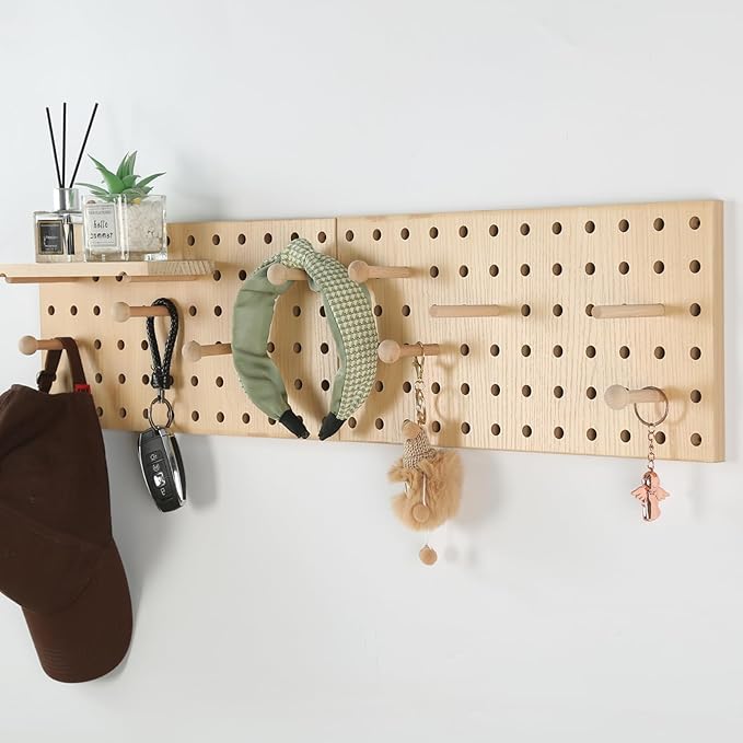 Beige Wood Pegboard Modular Display Wooden Pegboard Combination Wall Organizer Storage Wall Hooks Shelf for Home, Office, Bathroom, Comes with 2 Pieces Pegboards