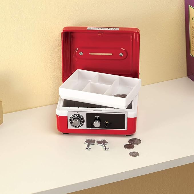 Custom Children’s Cash Box, Metal Piggy Bank Lockbox with Coin Slot, Red