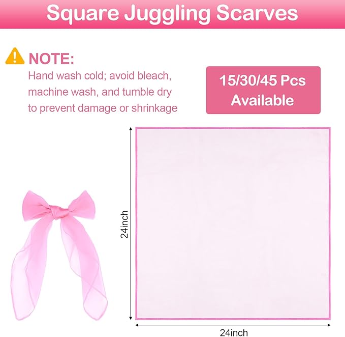 Scarves for Kids Play, 24 Inch Juggling Scarves, 15/30/45 Pcs available, Play Scarve for Toddlers, Dance, Magic Tricks
