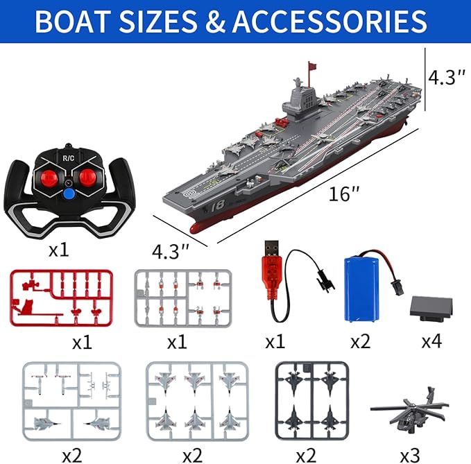 RC Boats for Kids 8-12, 16-inch Warship Battleship Aircraft Carrier with 2 Rechargeable Batteries, 15mph High Speed Remote Control Military Ship for Pool & Lake, Exhibits Model Gift for Boys