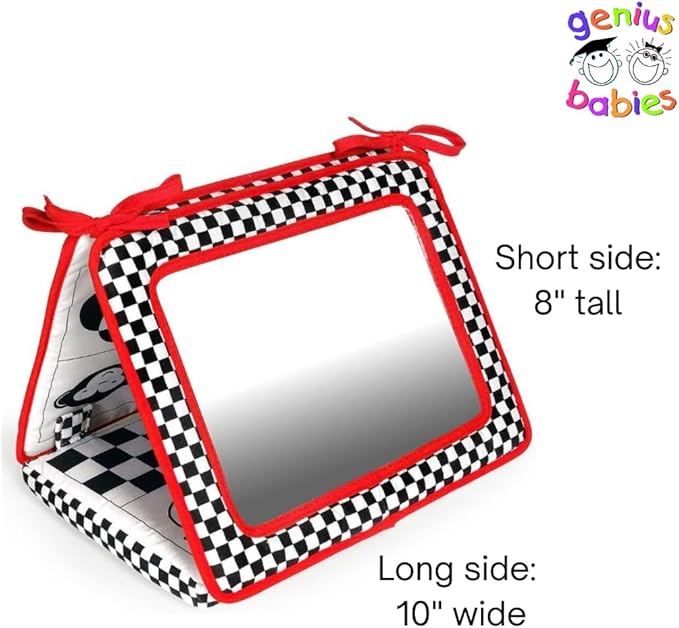 Genius Baby Toys Tummy Time Mirror for Babies 0-6 Months - Double-Sided with High Contrast Images - Baby Floor Mirror Can Be Used in Crib - No Hard Edges - Black White and Red
