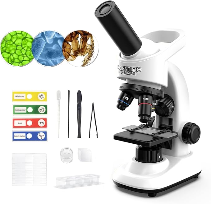 Microscope for Kids Scientific Experiment Kit 40X-1600X Magnification LED Light Educational STEM with Slides and Lab Tools Ages 6-12 (White)