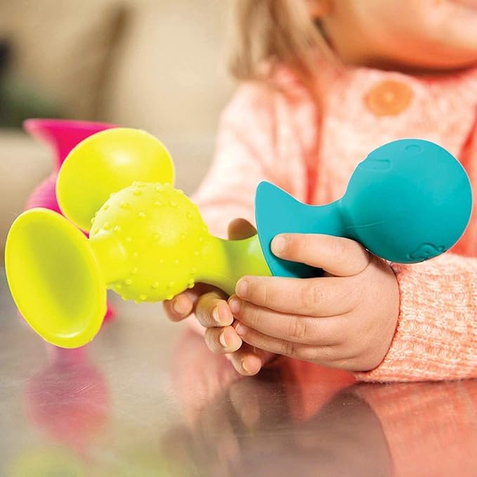 Fat Brain Toys Pipsquigz Whirly-Squigz Suction-Kupz Set - 12 Piece Early Learner Toys - 6 Suction Kupz Stacking Toys, 3 PipSquigz, 3 Whirly Squigz Spinners in Zippered Storage Case - BPA-Free Silicone